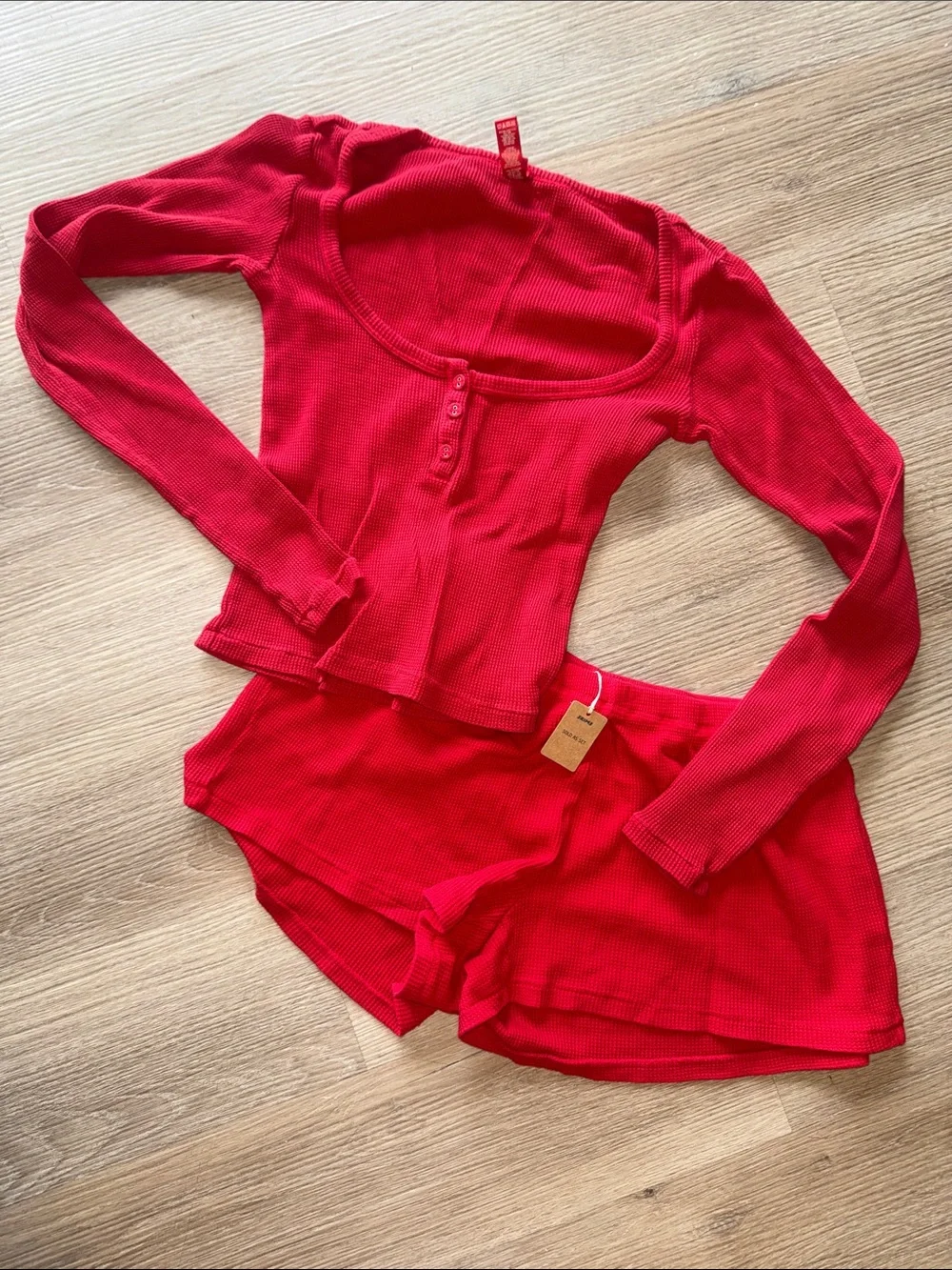 SKIMS Cranberry Waffle Knit Long Sleeve Henley Thermal Top & Short Sleep Set